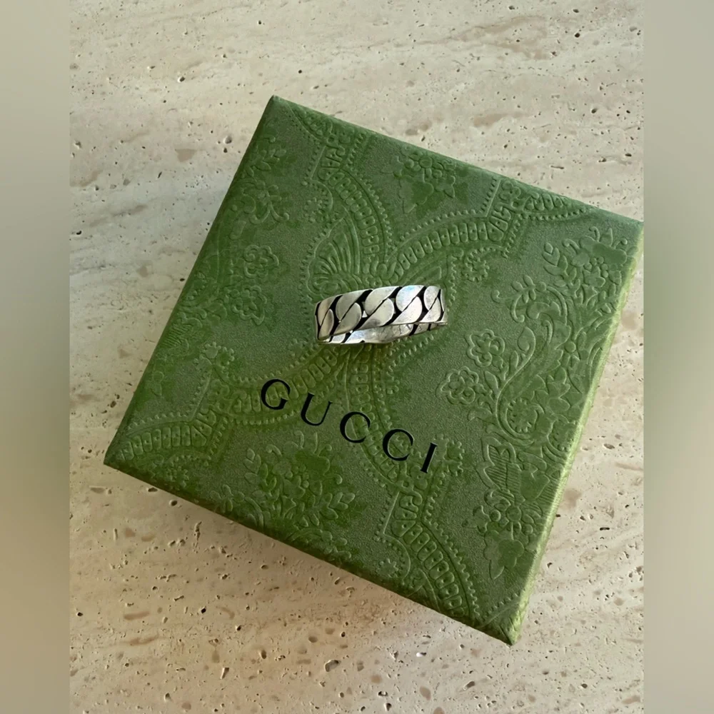 NWT Gucci Interlocking G Green Enamel Sterling Silver Ring Designer Size:20